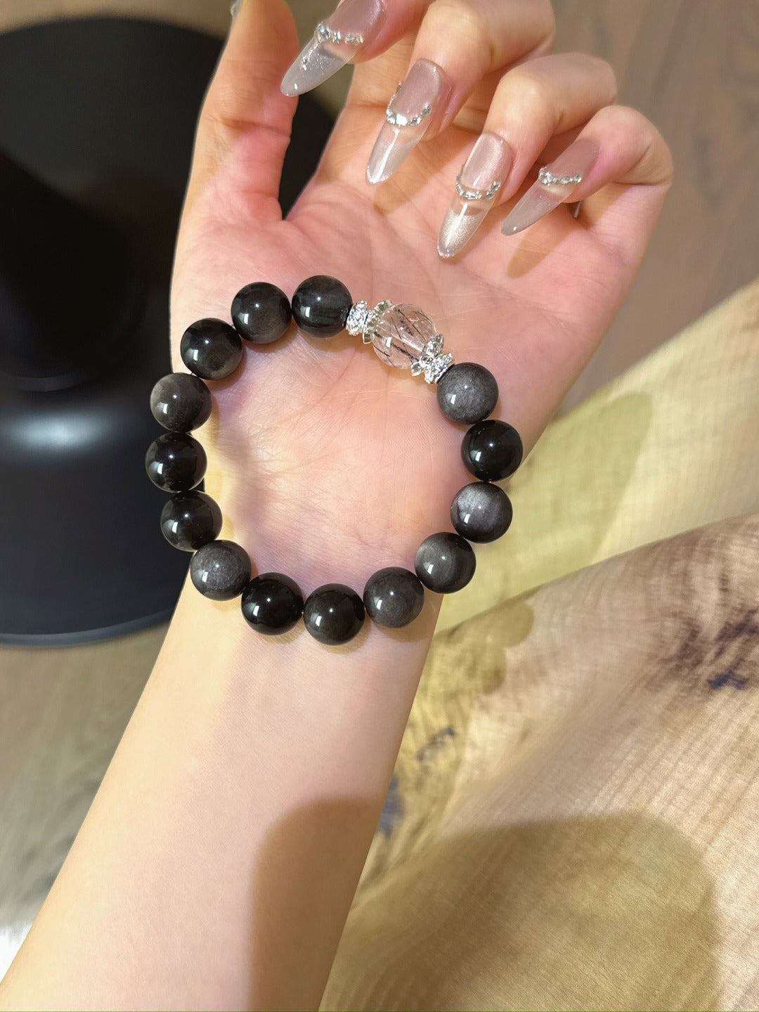 ▫️▪️ Silver obsidian black hair crystal bracelet